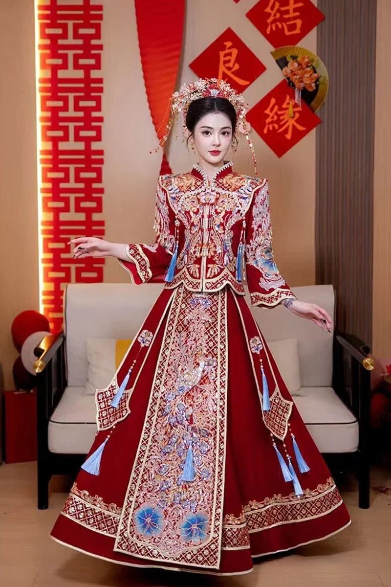 strapless open back dress Chinese Style Classic Festive Vintage Red Cheongsam Dress with Floral Print for Women Red / Short Sleeve / L
